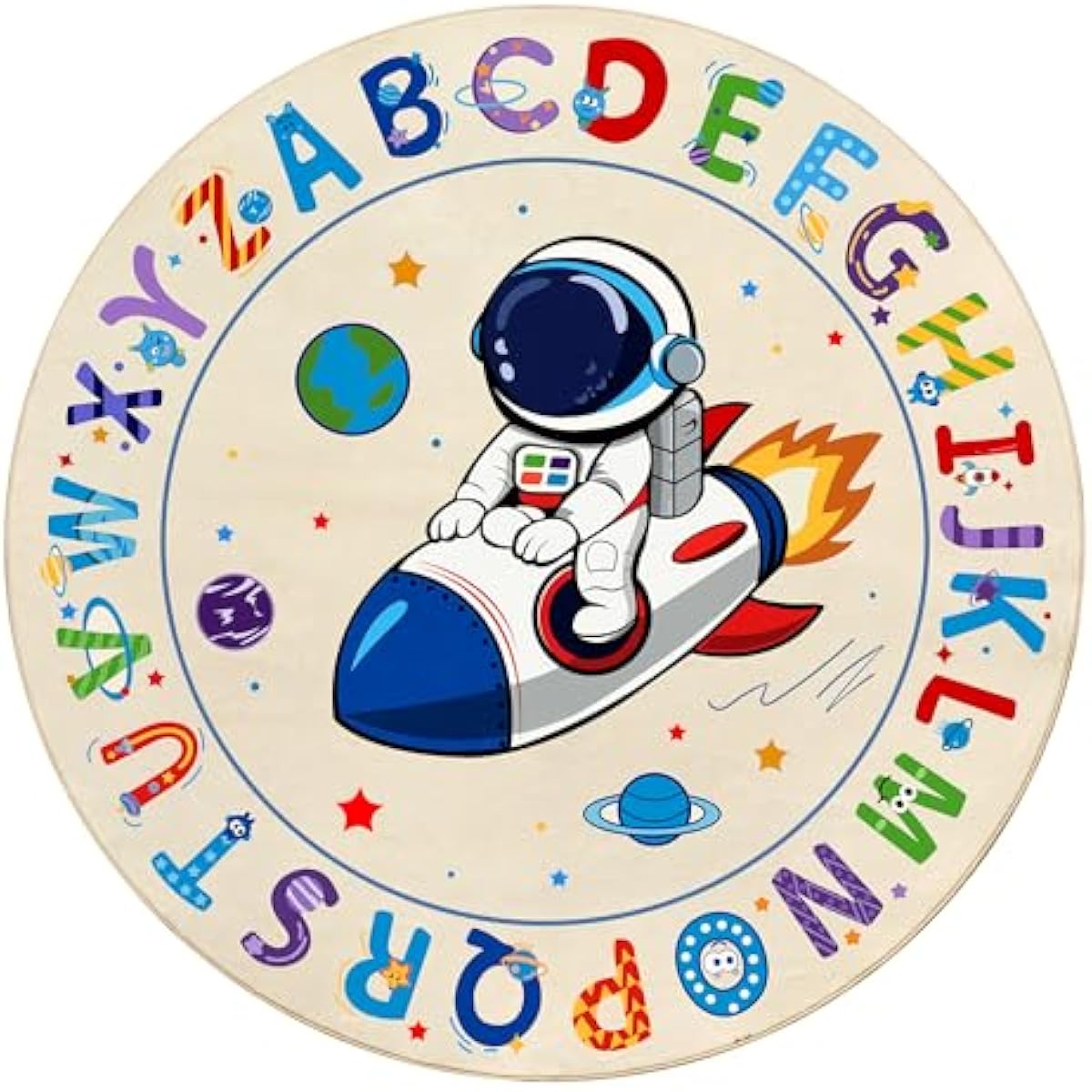 ABC Kids Alphabet Round Rug 4ft, Washable Soft Circle Nursery Rug, Non-Slip Educational Carpet with Space Astronaut Design for Classroom, Playroom & Kids Room Decor Blue
