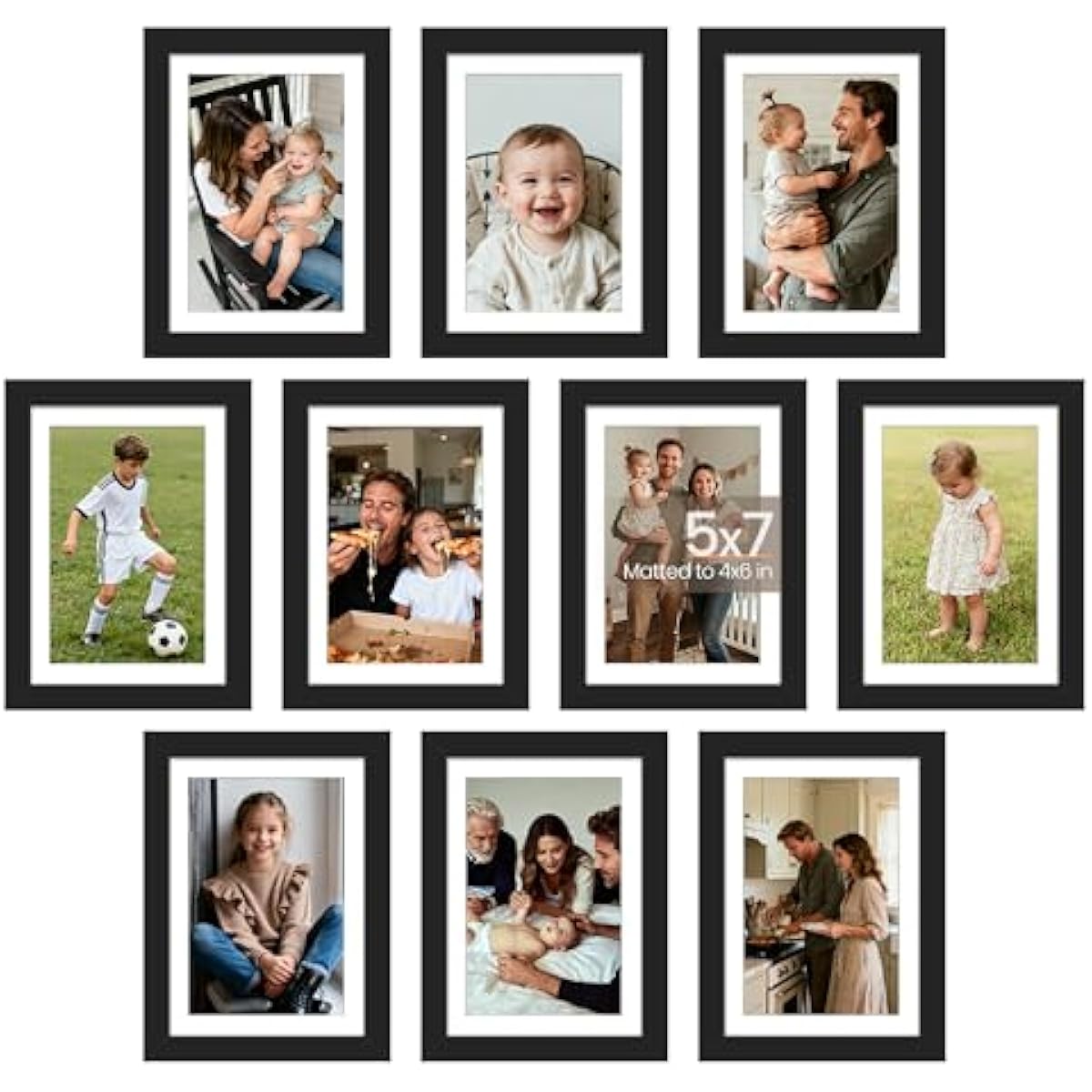 upsimples 5x7 Picture Frame Set of 10, Display Pictures 4x6 with Mat or 5x7 Without, Multi Photo Frames Collage for Wall or Tabletop Display, Black