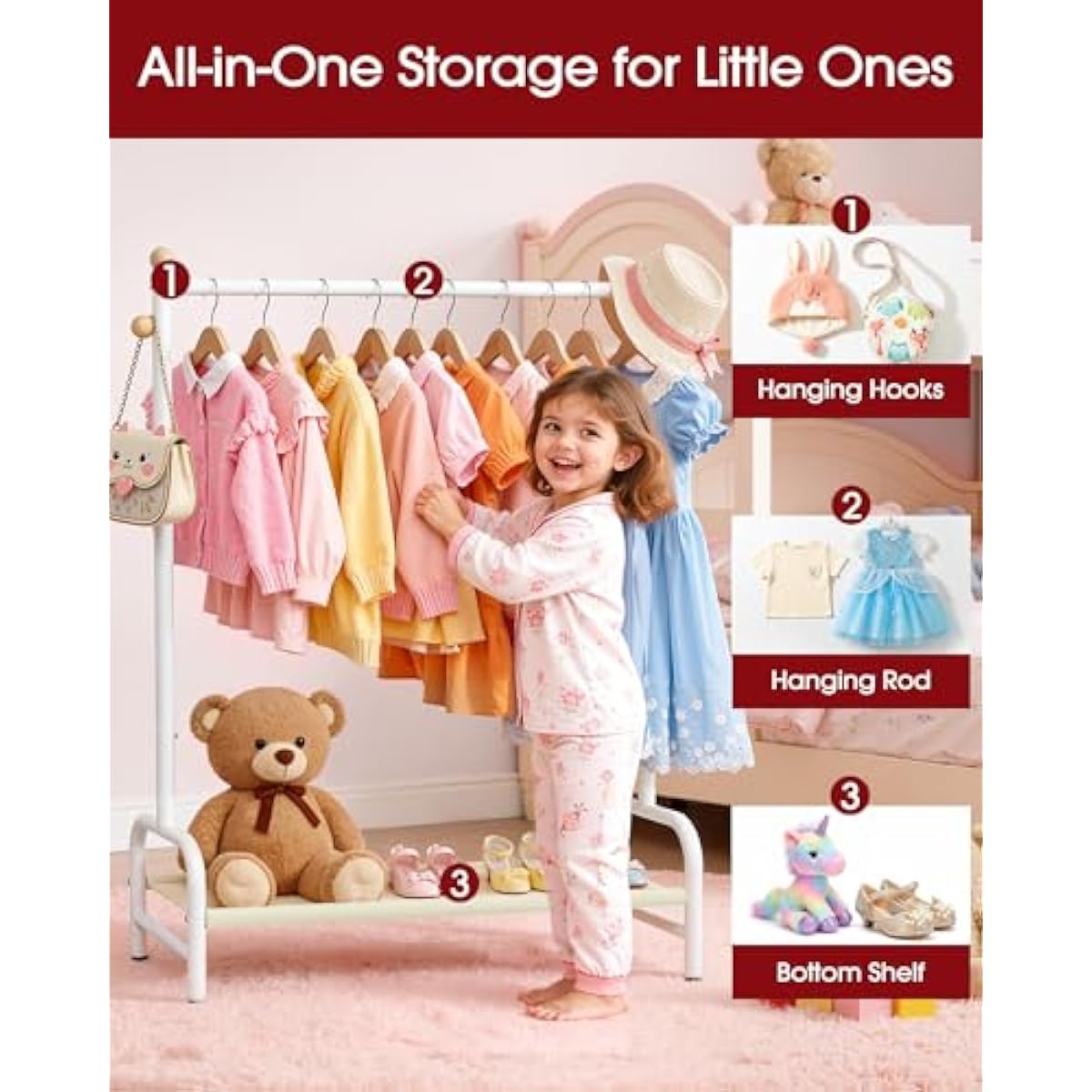 Clothes Rack - Sturdy Metal Kids Clothing Rack with Bottom Storage Shelf & Adjustable Feet, Dress Up Storage for Toddler's Bedrooms, Nurseries, Playrooms, 31" x 12.5" x 47.8", White