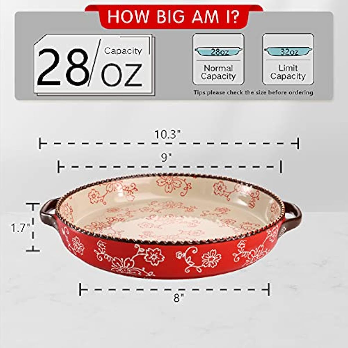 AVLA 2 Pack Ceramic Pie Pan, 9 Inch Round Baking Dish with Double Handle, 28 Ounce Deep Quiche Plate for Kitchen, Cooking, Roasting Lasagna (Sakura, Red)