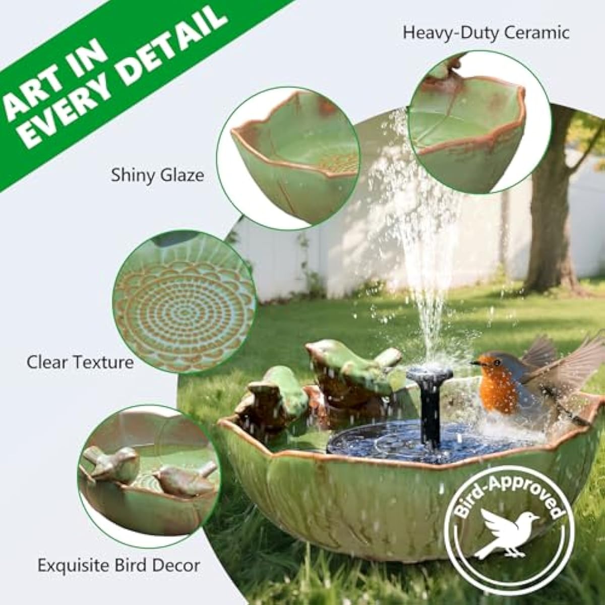 Solar Fountain Ceramic Bird Bath for Outdoors Hummingbird Solar Bubbler Fountain with Ground Ceramic Bird Baths Bowl for Outside, Large Table Top Garden Décor for Patio, Yard & Home