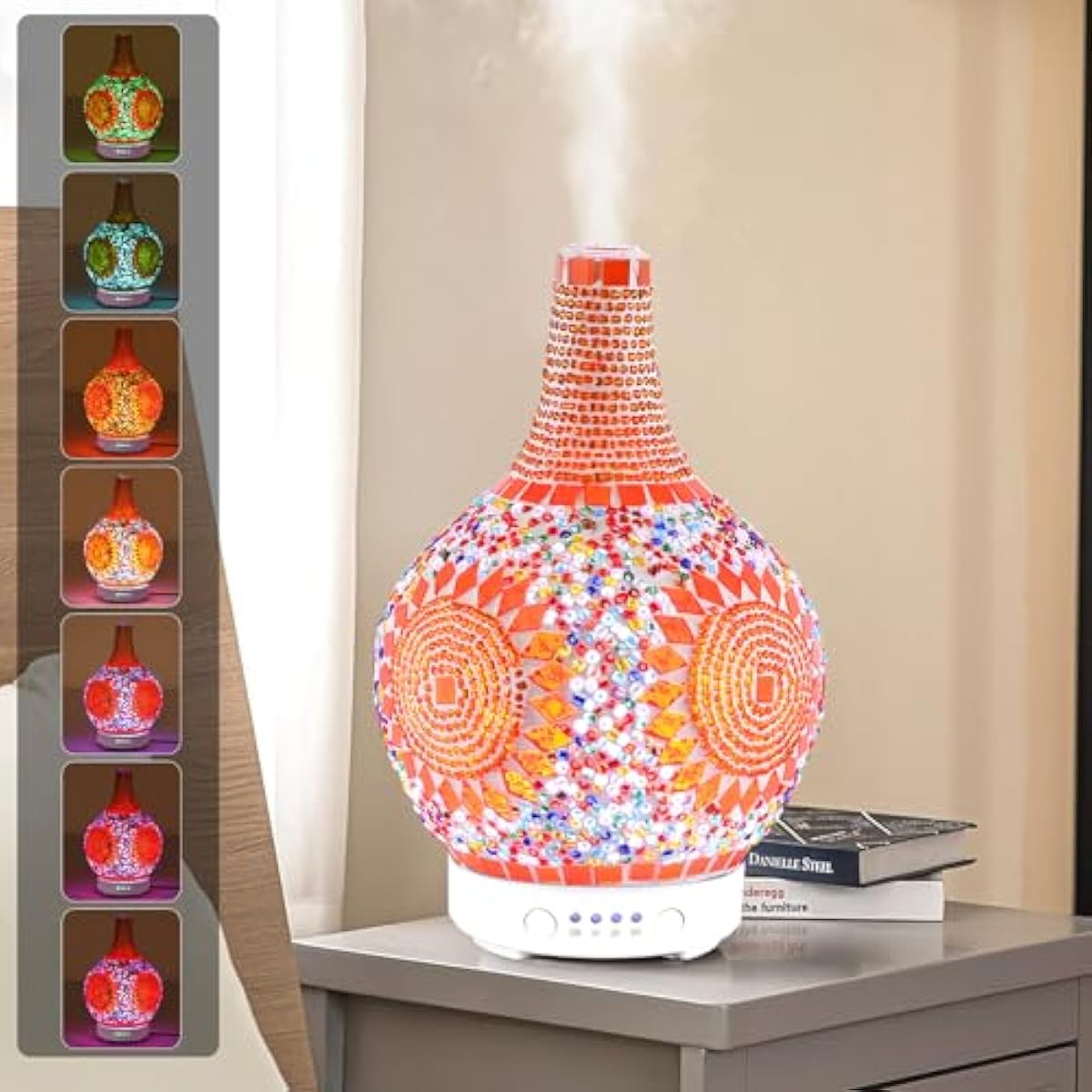Mosaic Glass Essential Oil Diffuser,Tiffany Aromatherapy Diffuser Sunflower Pattern 100ml Turkish Moroccan Color Changing Aroma Ultrasonic Diffusers Cool Mist Air diffuser for Sleeping SPA Office Home