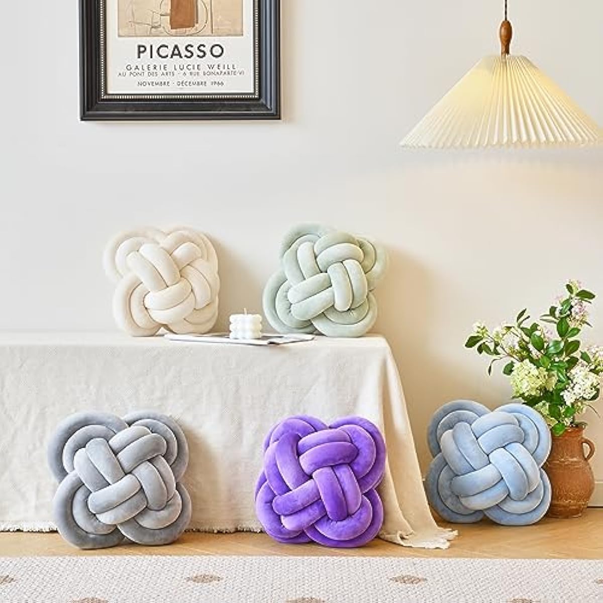 Xuyier Knot Pillow Ball, Decorative Throw Pillows with Velvet Fabric for Couch Bed, 12" Decor Knotted Square Floor Pillow Cushions for Living Room (12 Inches, Beige)