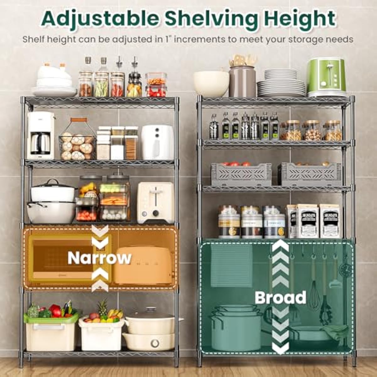5-Tier Storage Shelves 72" H Wire Shelving, Adjustable Metal Shelving Pantry Shelves, 1325LBS Heavy Duty Rack with Shelf Liners for Garage Commercial Kitchen, 36" W x 14" D x 72" H, Black