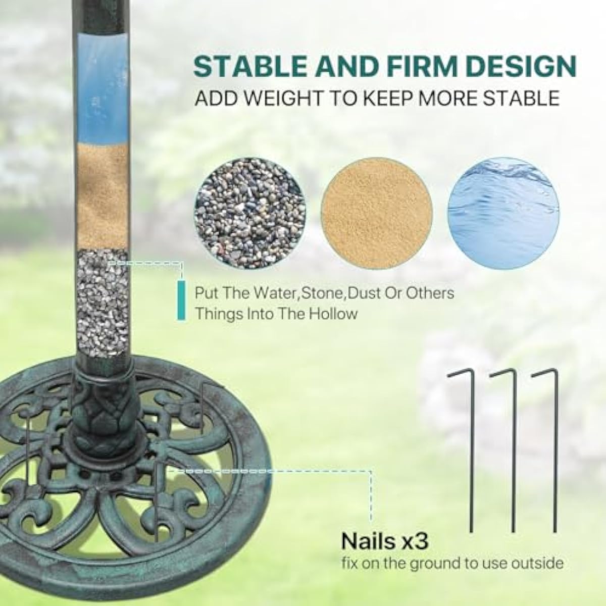 Athena Collection 37'' Height Bird Bath Vintage Pedestal Birdbath Electric Water Fountain with Recirculating Pump Polypropylene Floral Accents 3 Tier Birdbath for Outside, Patio, Garden, Green