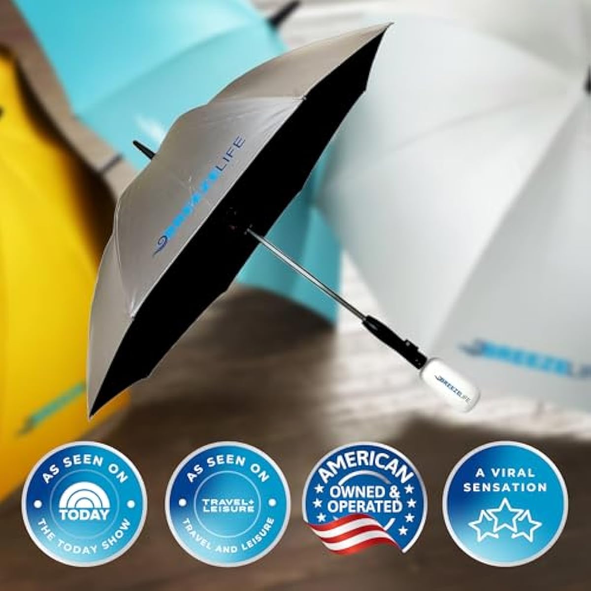 Breeze Life Original Mister Breeze (Silver Design) – Sun Umbrella with Fan and Mist Spray – Portable Fan Umbrella with Mister, 41" UV Shade, 3–4 Hr Runtime – Ideal for Festivals, Beach & Sports