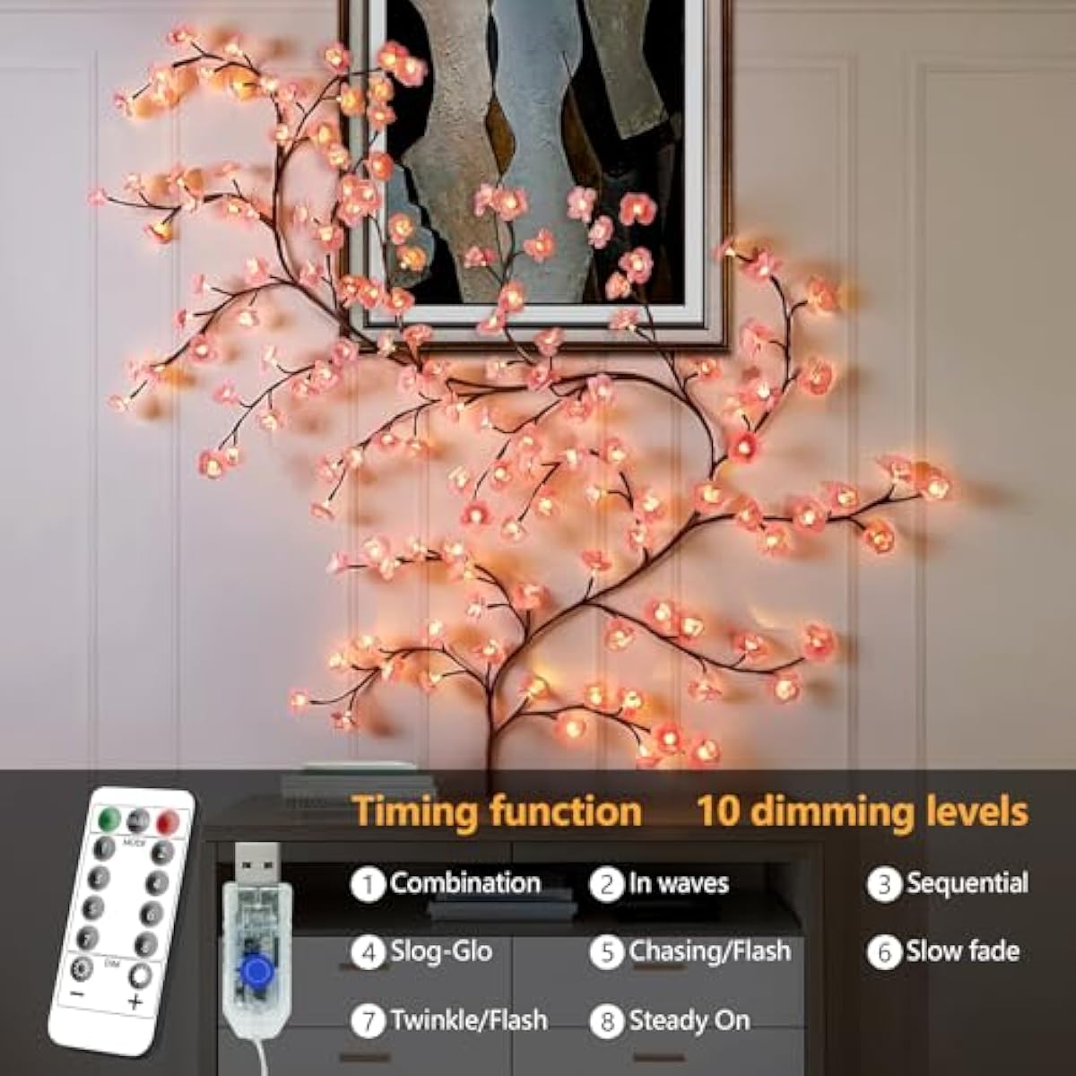 Cherry Enchanted Willow Vine Lights, 4FT 48LED Pink Cherry Blossom Tree Branch Lights for Wall, Remote Timer,8 Light Model,Bedroom Wall Doors Wedding, Christmas, USB Battery Box