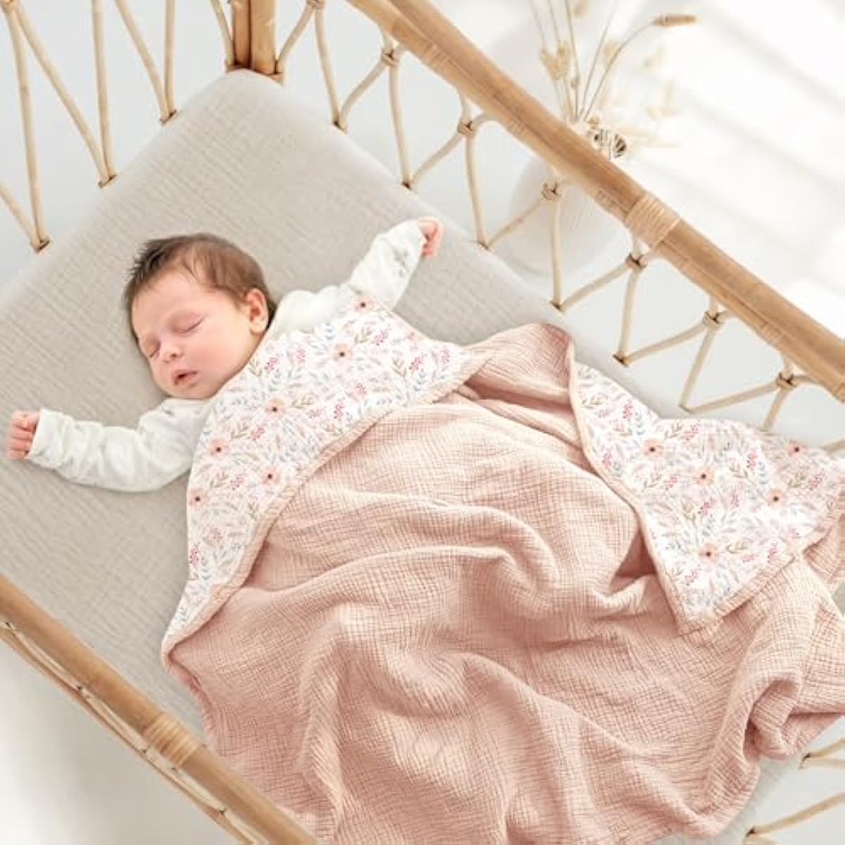 lulumoon Muslin Baby Blanket for Girls: Cotton Toddler Blanket for Crib - Soft Lightweight for Daycare & Nursery 47x47 Inches (Pink Flower)