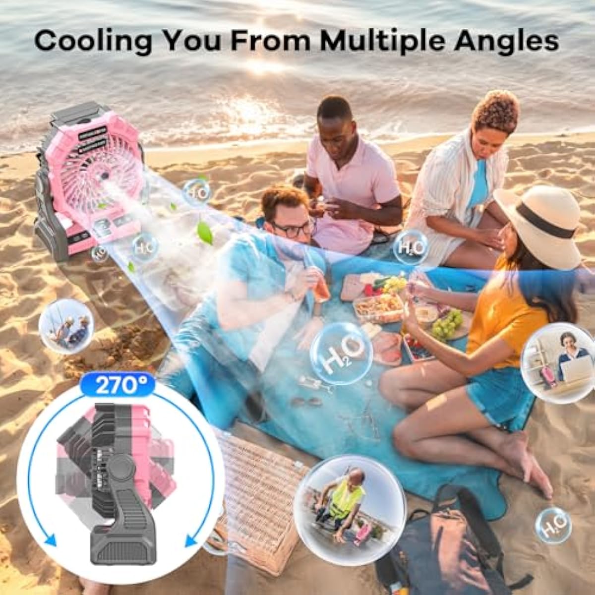 Misting Fan Portable with RGB Lantern, 30000 mAh Rechargeable Camping Mist Fan with Emergency Battery Power Bank Hurricane Supplies, Perfect Cooling Mister for Outdoor Travel