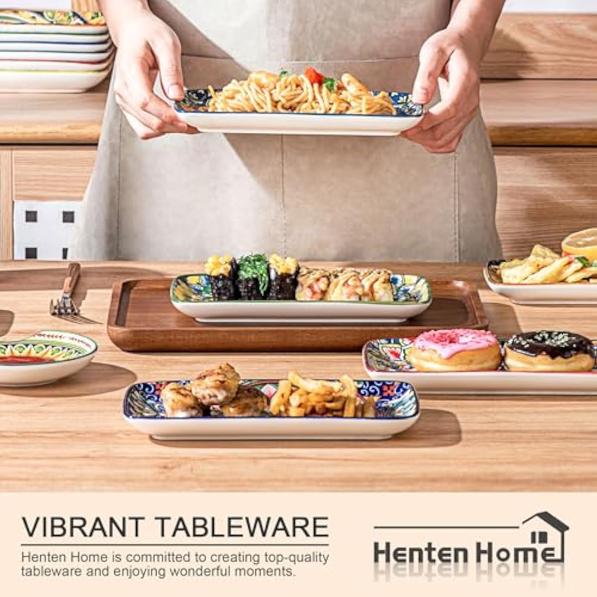 Henten Home Ceramic 8 Inch Salad Plates, Rectangular Salad Plate Set of 6, Bohemian Serving Dishes for Sushi, Appetizer, Cake, Sashimi, Microwave & Dishwasher Safe