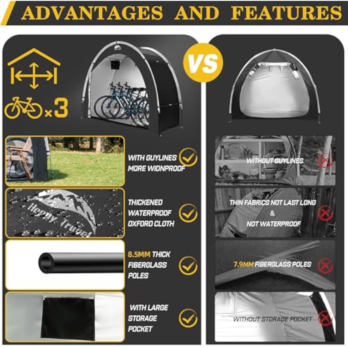 Happy Travel Bike Storage Shed Tent,Outdoor Portable Bicycle Storage Sheds with 210D Oxford Fabric PU4000 Waterproof for 2/3/4/6/8 Bikes,Bike Covers Shelter for Motorcycle,Garden Tools,Toys,Lawn Mower