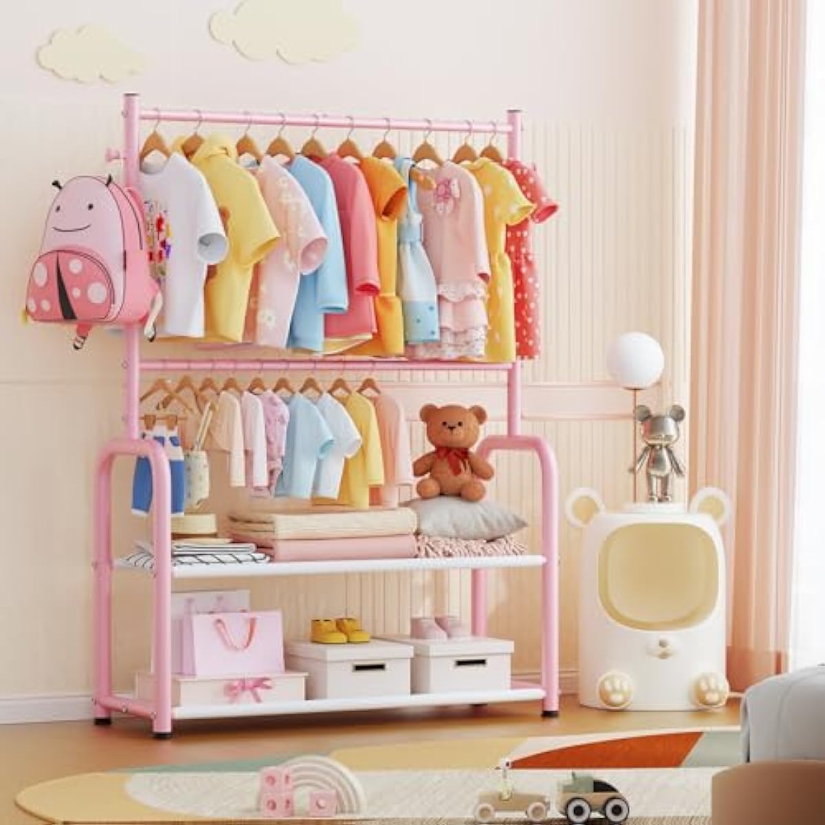 Kids Clothing Rack with 2-Layer Storage Shelf and 2 Adjustable Hanging Rods, Dress Up Rack for Hanging Clothes,Dress up Storage for Baby Toddle Kids(Classic, Pink)
