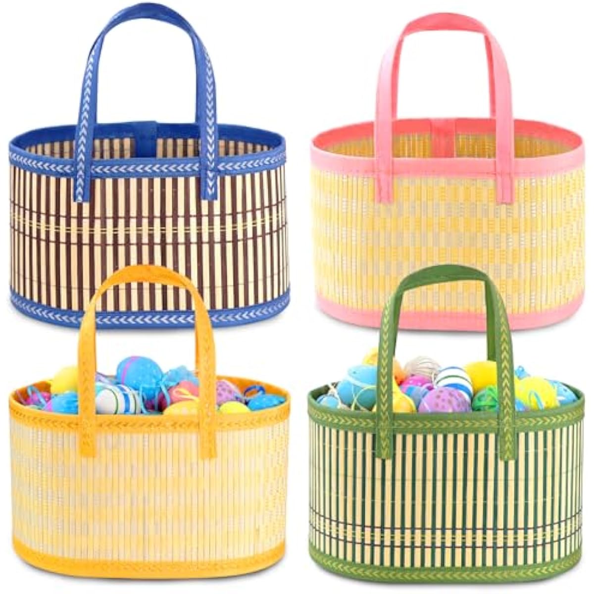 4Pcs Foldable Easter Woven Bamboo Baskets Empty, Oval Easter Basket Bulk Set with Handle, Large Easter Baskets for Easter Egg Hunt Party Favor Picnic Supplies Gift Packing - Pink Yellow Green Blue