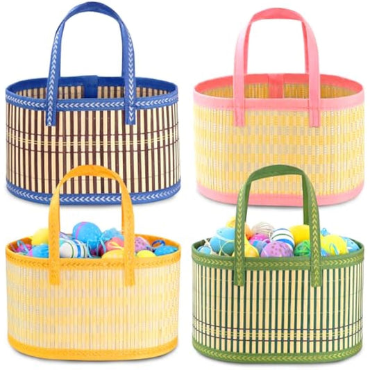 4Pcs Foldable Easter Woven Bamboo Baskets Empty, Oval Easter Basket Bulk Set with Handle, Large Easter Baskets for Easter Egg Hunt Party Favor Picnic Supplies Gift Packing - Pink Yellow Green Blue