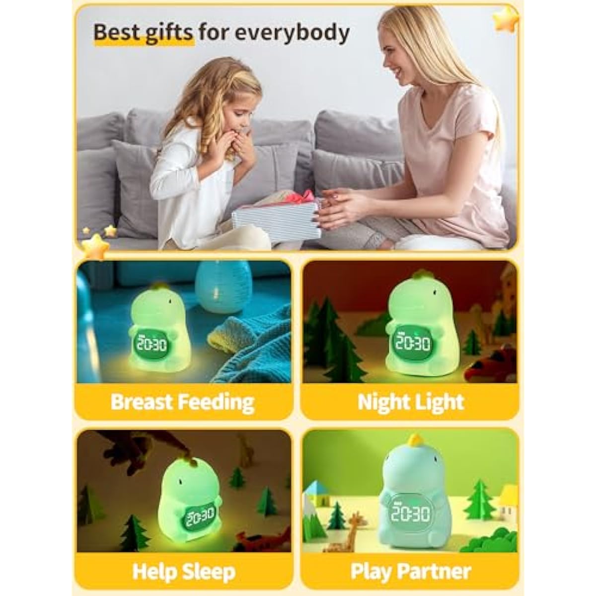 MASHI Dinosaur Alarm Clock with Night Light, Toddler Sleep Training Clock with Sun & Moon, Sleep Sound Machine, ok to Wake Clock for Kids, Digital Alarm Clocks for Bedrooms,Gift Ideas for Kids Child