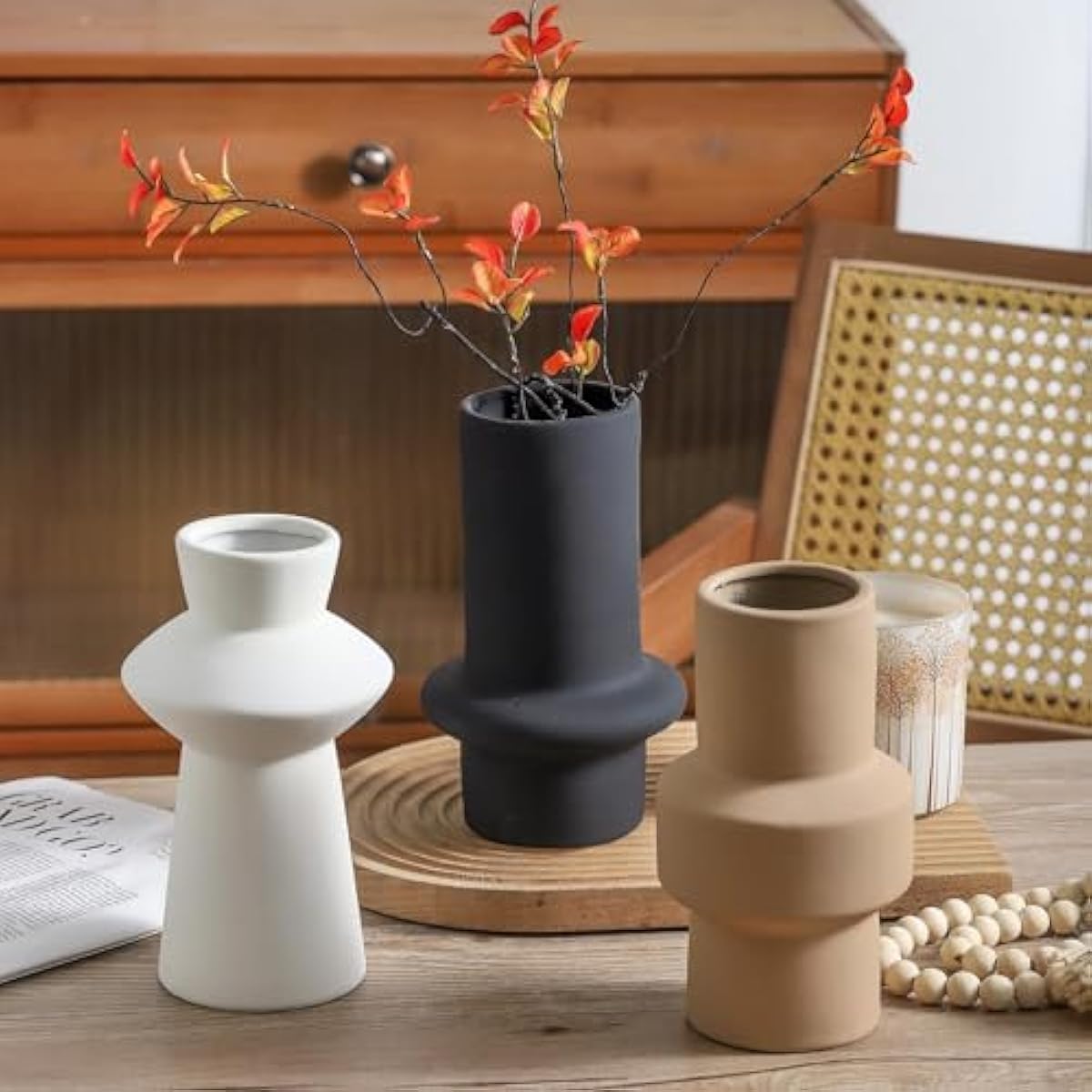Modern Ceramic Vase Set of 3, 8 inch Simple Geometric Lines Vase for Pampas Grass Dried Fresh Flowers, Home Decor, Bedroom, Living Room, Bookshelf Decoration, Neutral Minimalist Nordic Style