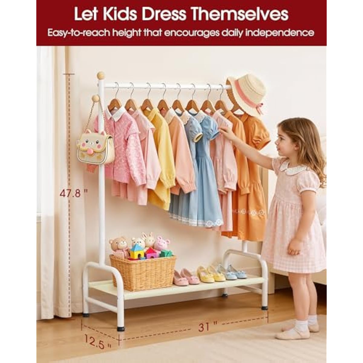 Clothes Rack - Sturdy Metal Kids Clothing Rack with Bottom Storage Shelf & Adjustable Feet, Dress Up Storage for Toddler's Bedrooms, Nurseries, Playrooms, 31" x 12.5" x 47.8", White