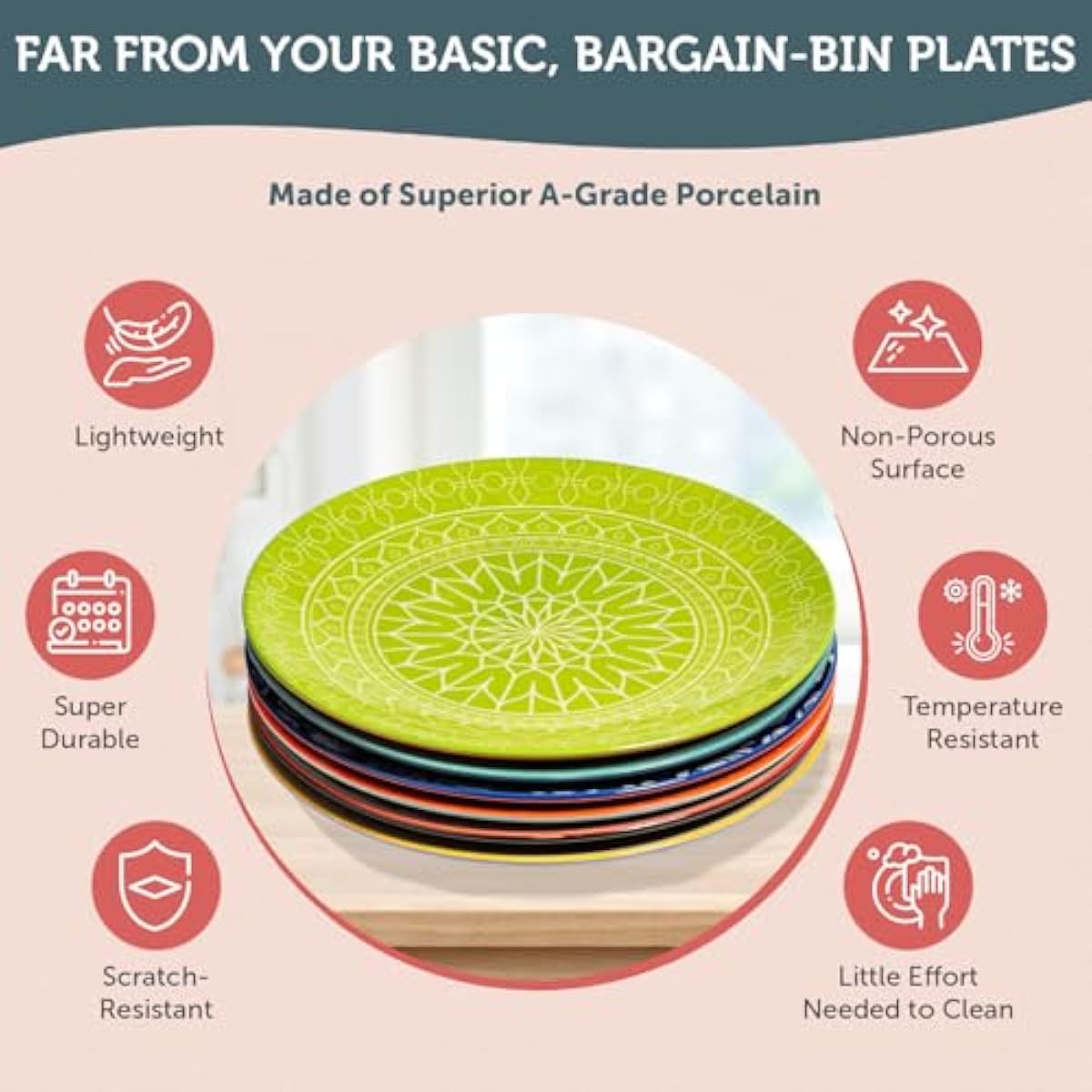 Annovero Dinner Plates - Mismatched Colorful Dinnerware Set of 6 - Fun Decorative Cute Boho Kitchen Dishes - Zero Lead & Cadmium - 10.5 Inch Diameter