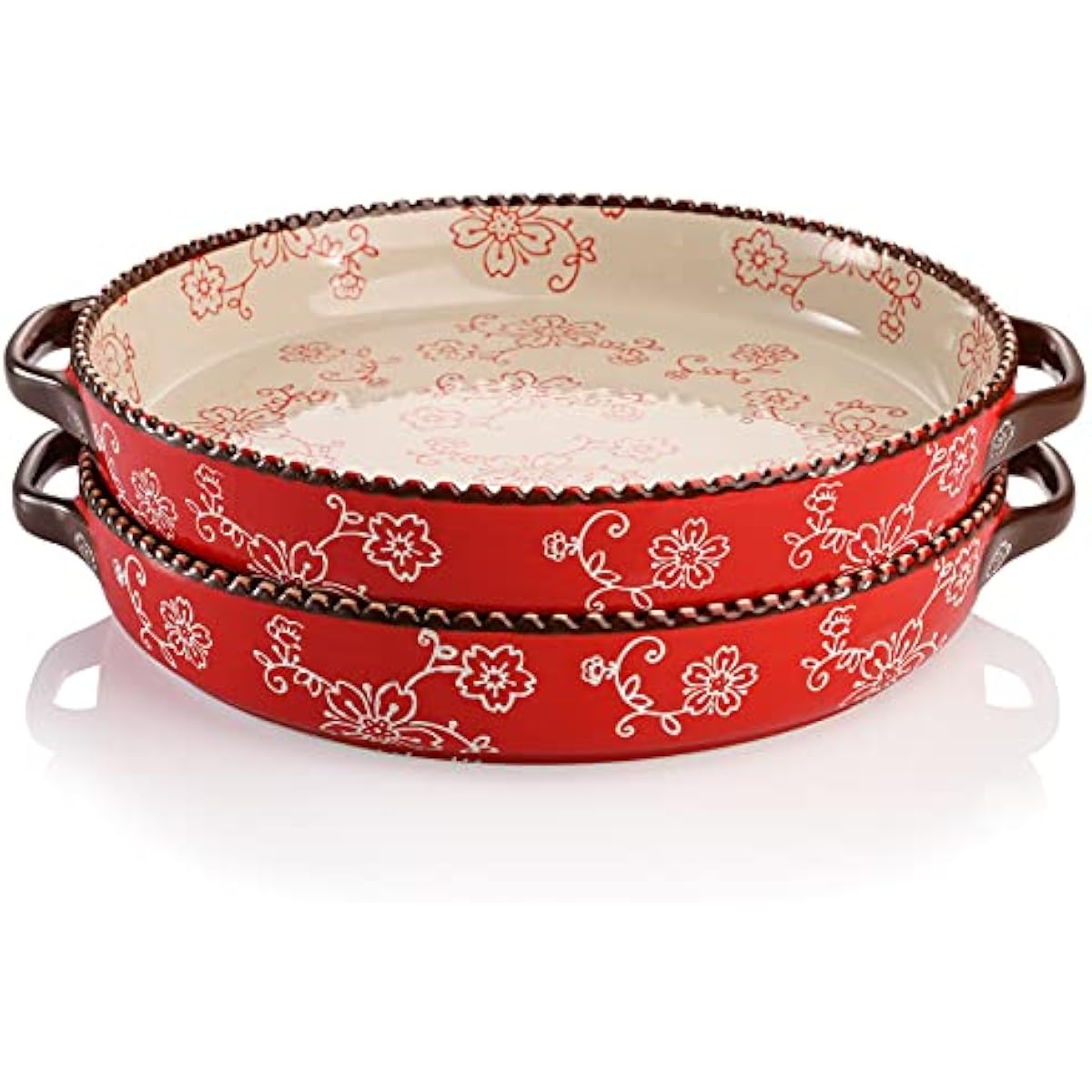 AVLA 2 Pack Ceramic Pie Pan, 9 Inch Round Baking Dish with Double Handle, 28 Ounce Deep Quiche Plate for Kitchen, Cooking, Roasting Lasagna (Sakura, Red)