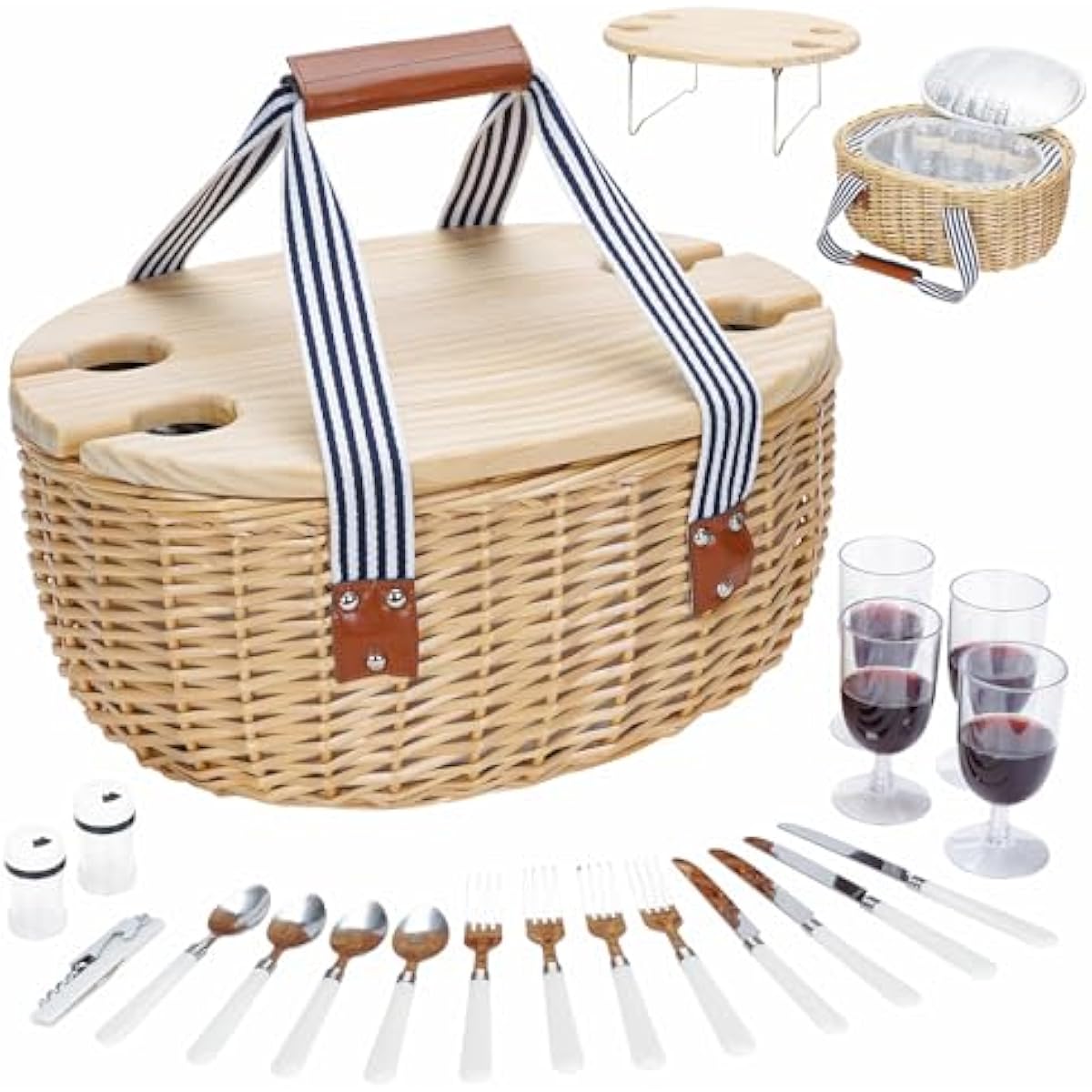 STBoo Picnic Basket for 4, Insulated Wicker Hamper with Folding Table, Willow Picnic Baskets Set with Large Insulated Cooler Bag for Camping Outdoor (Stripe)