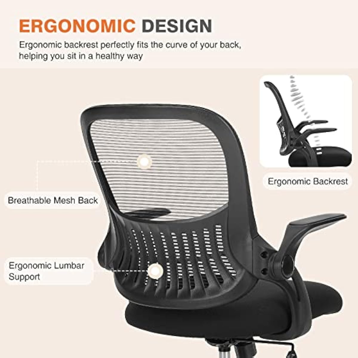 Sweetcrispy Office Computer Desk Chair, Ergonomic Mid-Back Mesh Rolling Work Swivel Task Chairs with Wheels, Comfortable Lumbar Support, Comfy Flip-up Arms for Home, Bedroom, Study, Student, Black