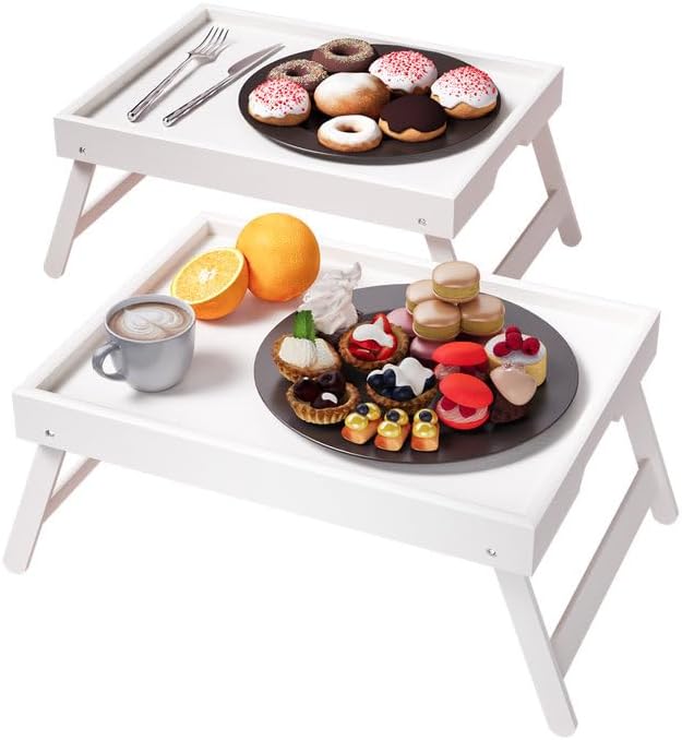 Fibogollo 2 Pack Bamboo Bed Tray Table with Folding Legs,Breakfast Trays,Serving Tray for Food and Snack,Laptop Trays for Working(Natural)