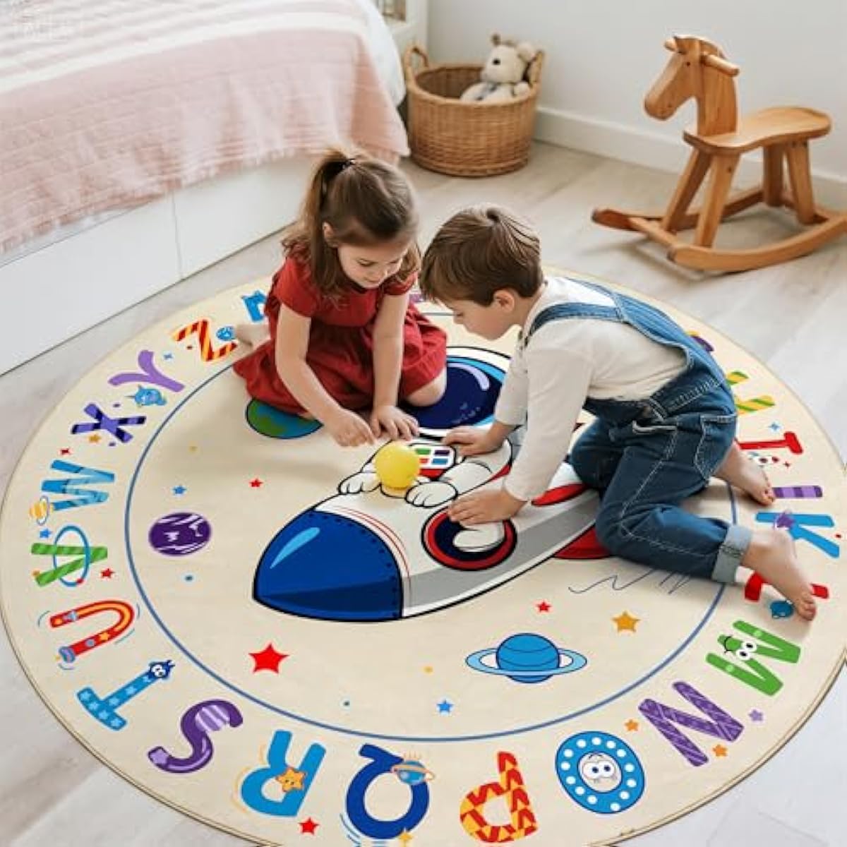 ABC Kids Alphabet Round Rug 4ft, Washable Soft Circle Nursery Rug, Non-Slip Educational Carpet with Space Astronaut Design for Classroom, Playroom & Kids Room Decor Blue