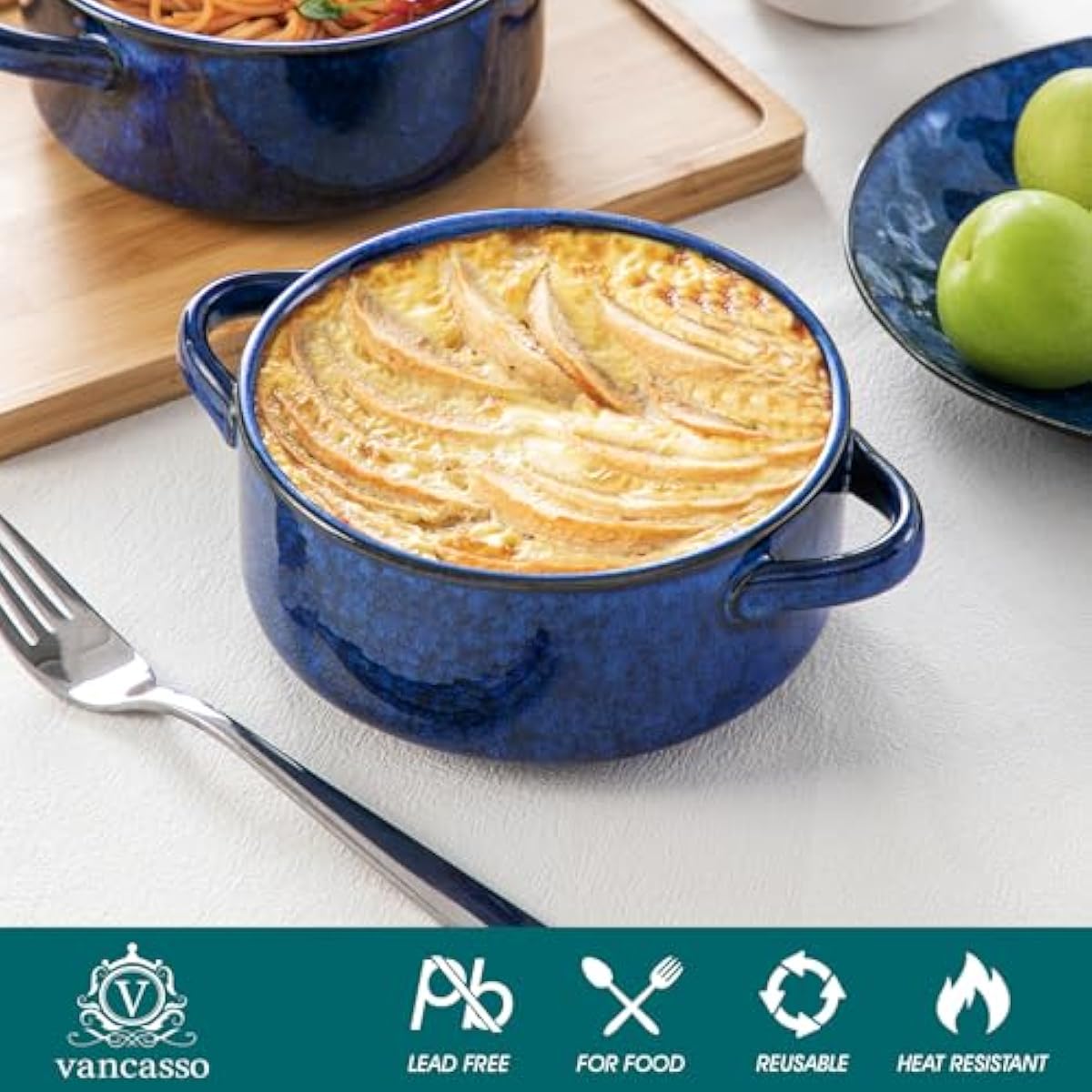 vancasso Starry Soup Bowls with Handles, 30 Oz French Onion Soup Bowls, Oven safe soup bowls for Cereal, Pasta, Chilli, Stew, Large Soup Crocks Set of 4, Blue