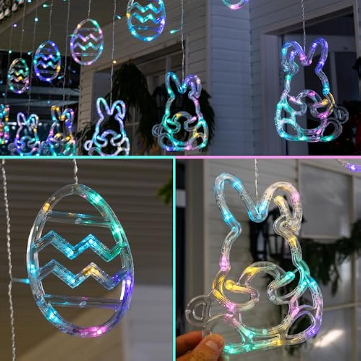 Dazzle Bright Easter Lights, 222LED 9FT Pastel Rabbit and Eggs Curtain String Lights with 8 Modes, Plug in Easter Decorations for Indoor Window Outdoor Party Decor (Pastel)