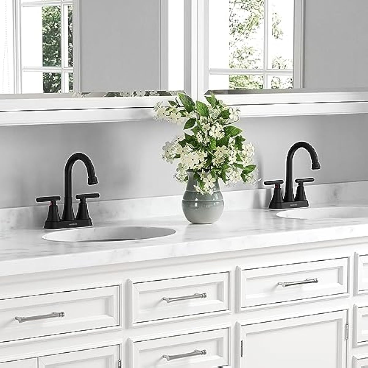 Bathroom Faucets for Sink 3 Hole, Hurran 4 inch Matte Black with Pop-up Drain and 2 Supply Hoses, Stainless Steel Lead-Free 2-Handle Centerset Faucet for Sink Vanity