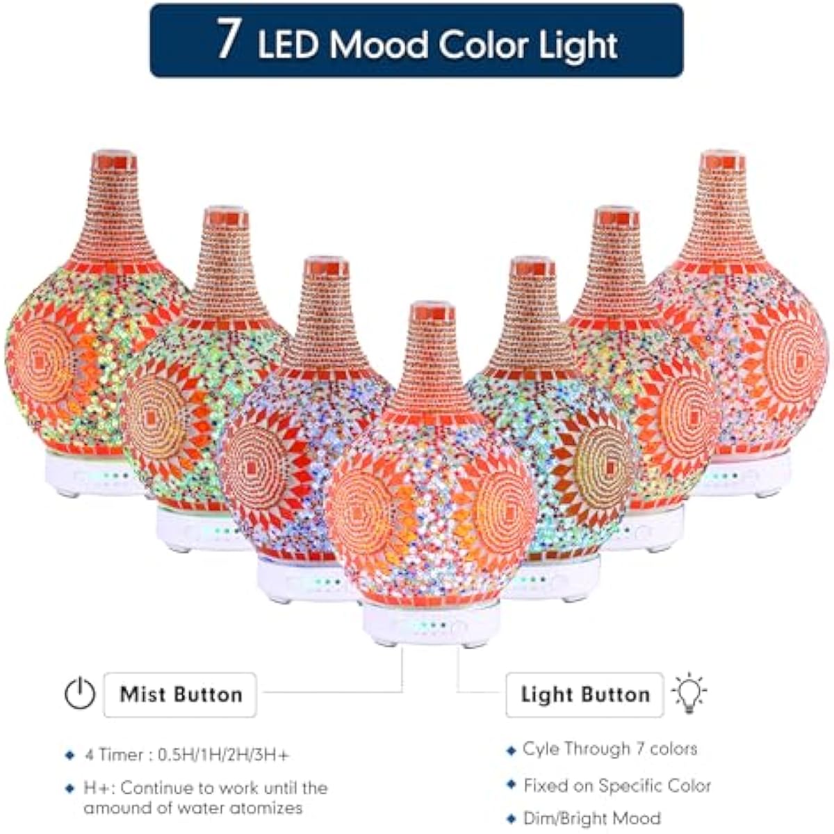 Mosaic Glass Essential Oil Diffuser,Tiffany Aromatherapy Diffuser Sunflower Pattern 100ml Turkish Moroccan Color Changing Aroma Ultrasonic Diffusers Cool Mist Air diffuser for Sleeping SPA Office Home