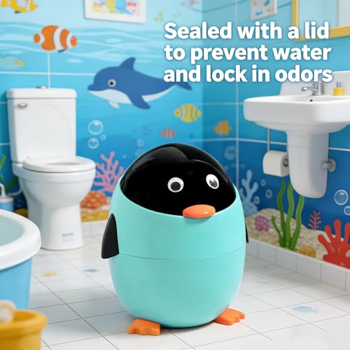 URALFA Penguin Trash Can, 3.2 Gallon Cute Trash Can, Animal Themed Garbage Can with Removable Inner Bucket, Plastic Fun Kids Trash Can for Bedroom, Kids Room, Nursery, Dormitory, Bathroom, Blue