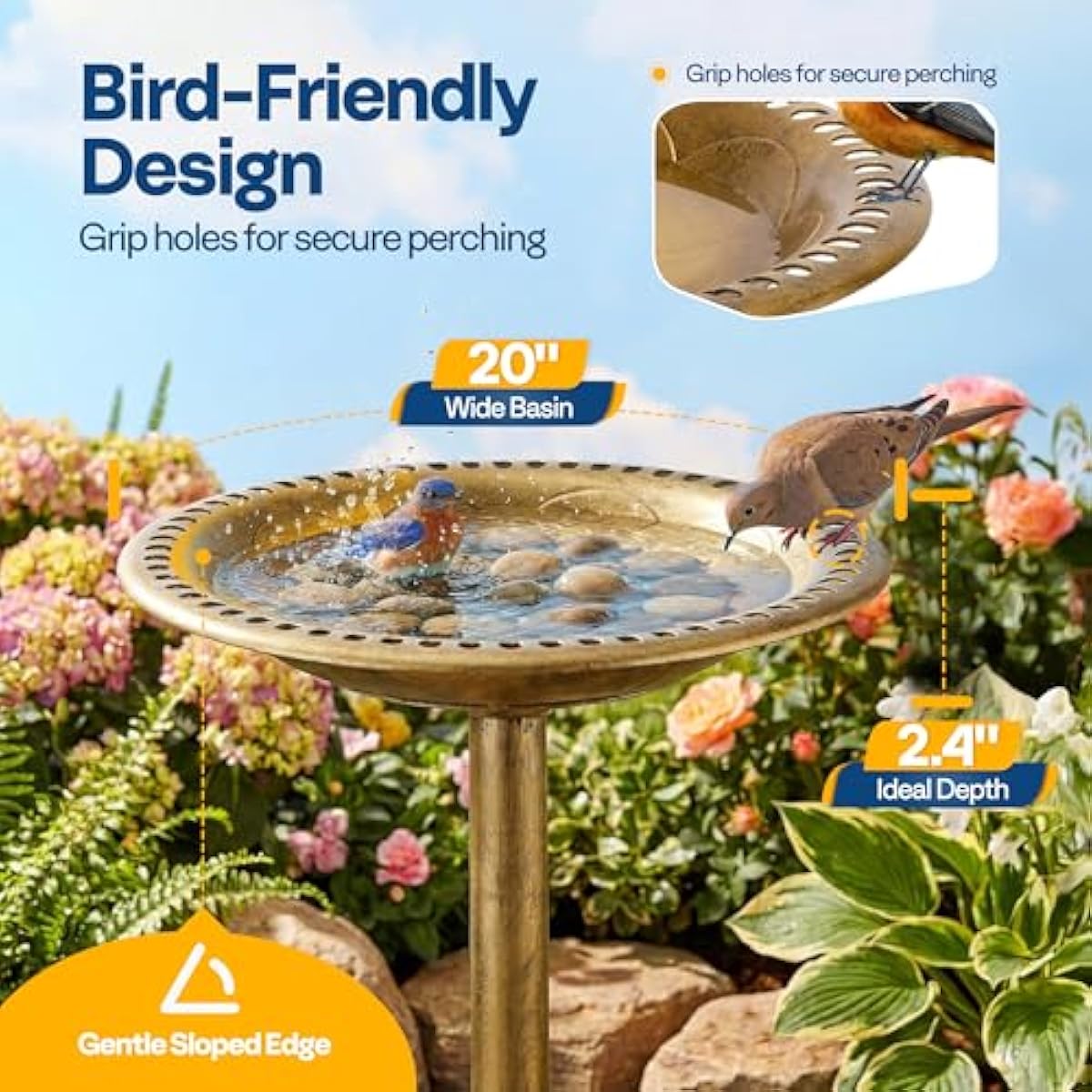 VIVOHOME Bird Bath for Outside, Polyresin Pedestal Bird Baths for Outdoor, Garden, 28 Inch Height Weather-Resistant Birdbaths with 20" Bowl, Copper