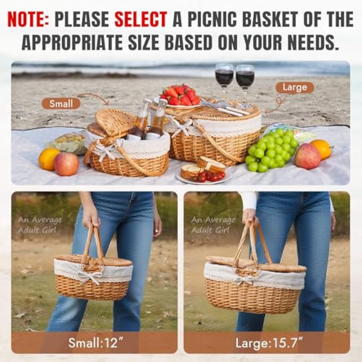 Happypicnic Wicker Picnic Basket with Handle, 15" Large Empty Picnic Basket with Lid & Removable Liner, Vintage Hand Woven Basket for Picnics, Camping, Veg Picking, Mother's Day, Thanksgiving (Solid)