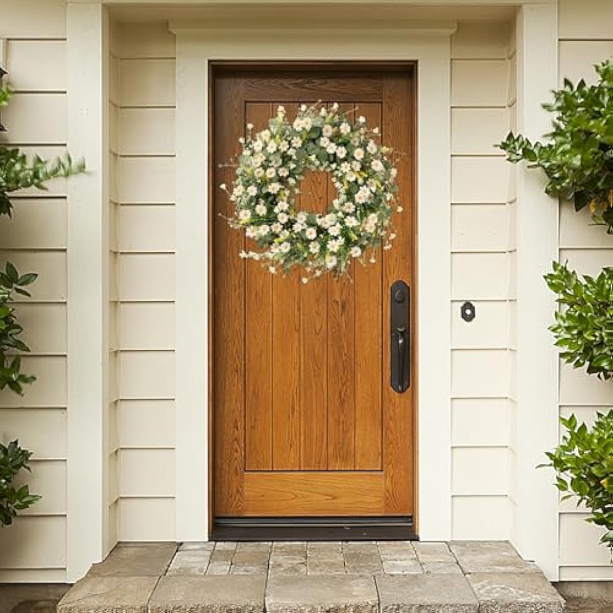 Sggvecsy White Daisy Wreath 24 Inch with Fake Silk Floral Green Eucalyptus Leaves and Lavender for Spring Summer Front Door Window Wall Wedding Farmhouse Festival Decor