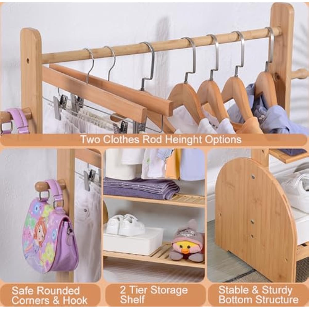 Kids Clothing Rack with Adjustable Rods, Children Clothes Garment Rack for Kids Baby Pet, Kids Dress Up Rack with 2 Bottom Shelves, Kids Wardrobe Closet for Toddlers Nursery (Natural)