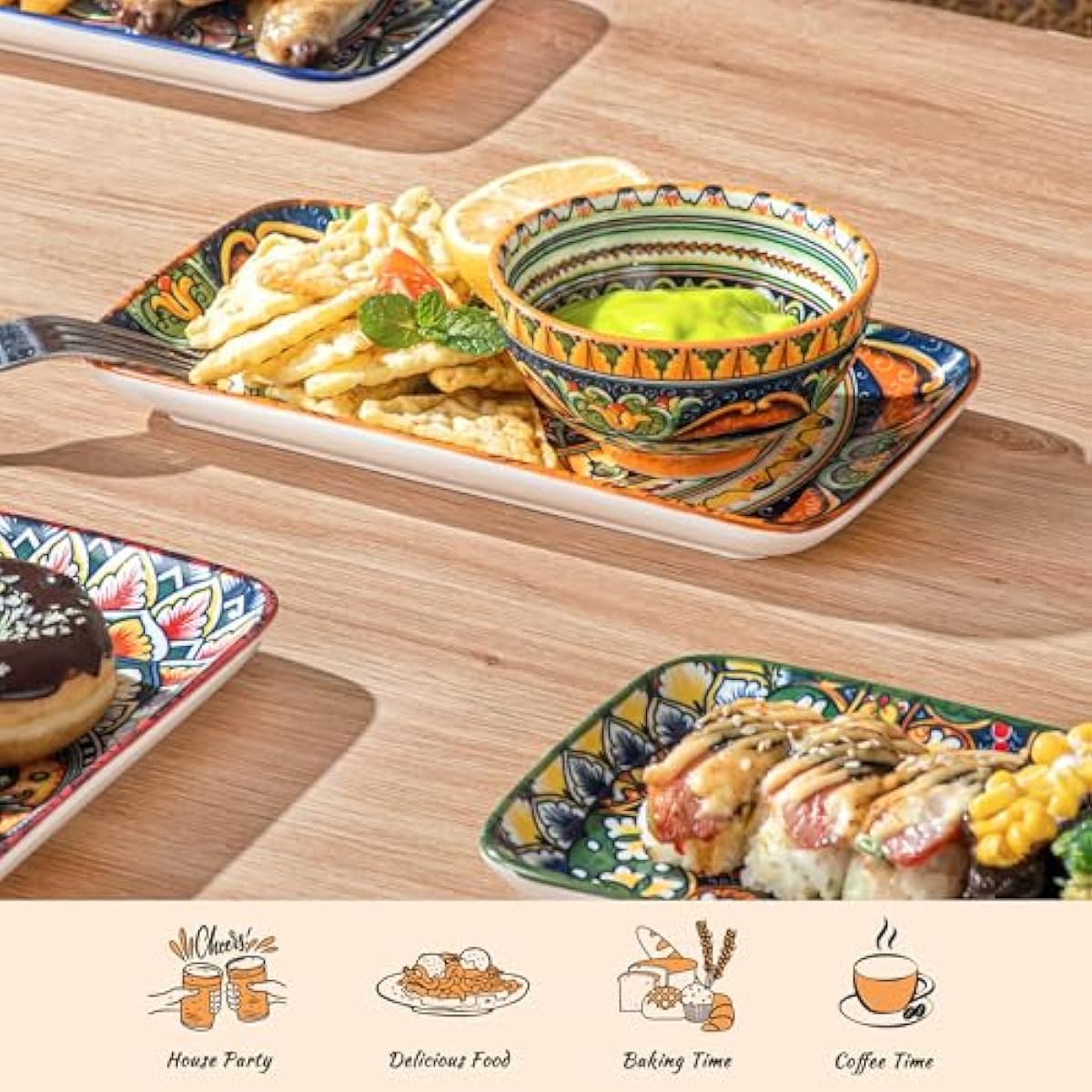 Henten Home Ceramic 8 Inch Salad Plates, Rectangular Salad Plate Set of 6, Bohemian Serving Dishes for Sushi, Appetizer, Cake, Sashimi, Microwave & Dishwasher Safe