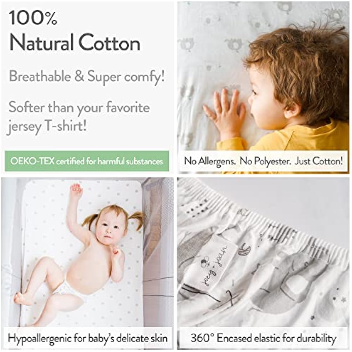 Cuddly Cubs Pack n Play Sheets | 2 Pack Playard Sheet for Baby Girl and Boy | Pure Jersey Cotton Unisex Mini Portable Crib Sheets | Sheep and Stripe in Grey | Compatible with Graco Pack and Play