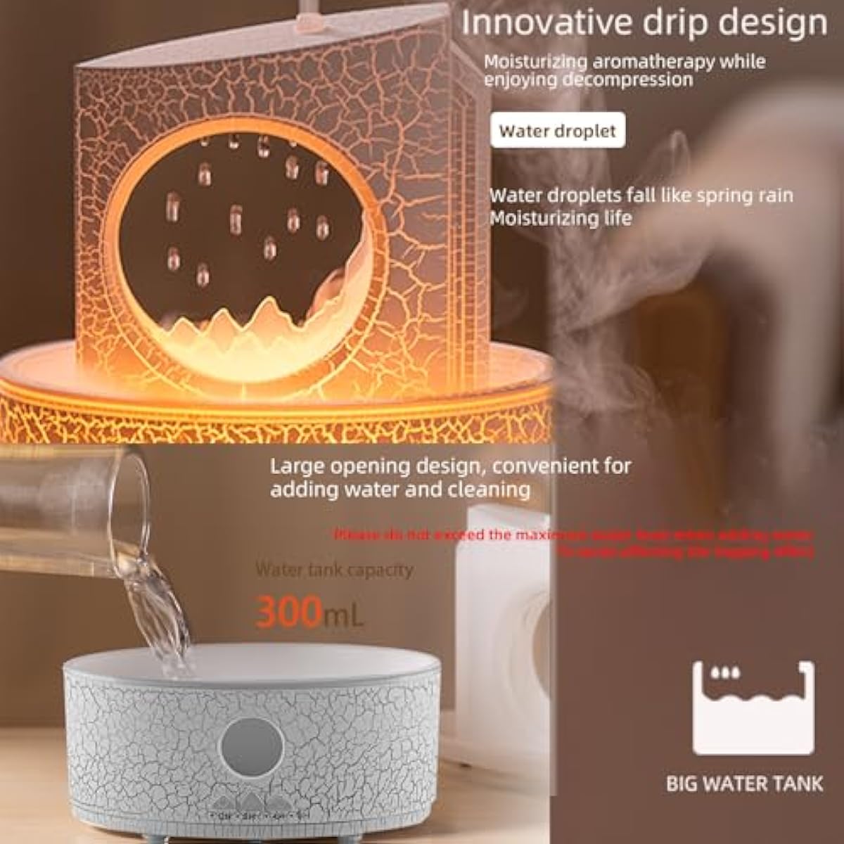 Raindrop Humidifiers for Bedroom,300ML Ultrasonic Small Humidifier, Aromatherapy Essential Oil Vaporizer, Essential Oil Diffuser with Atmosphere Light,Suitable for Bedroom, Hotel,Gym,Yoga Room
