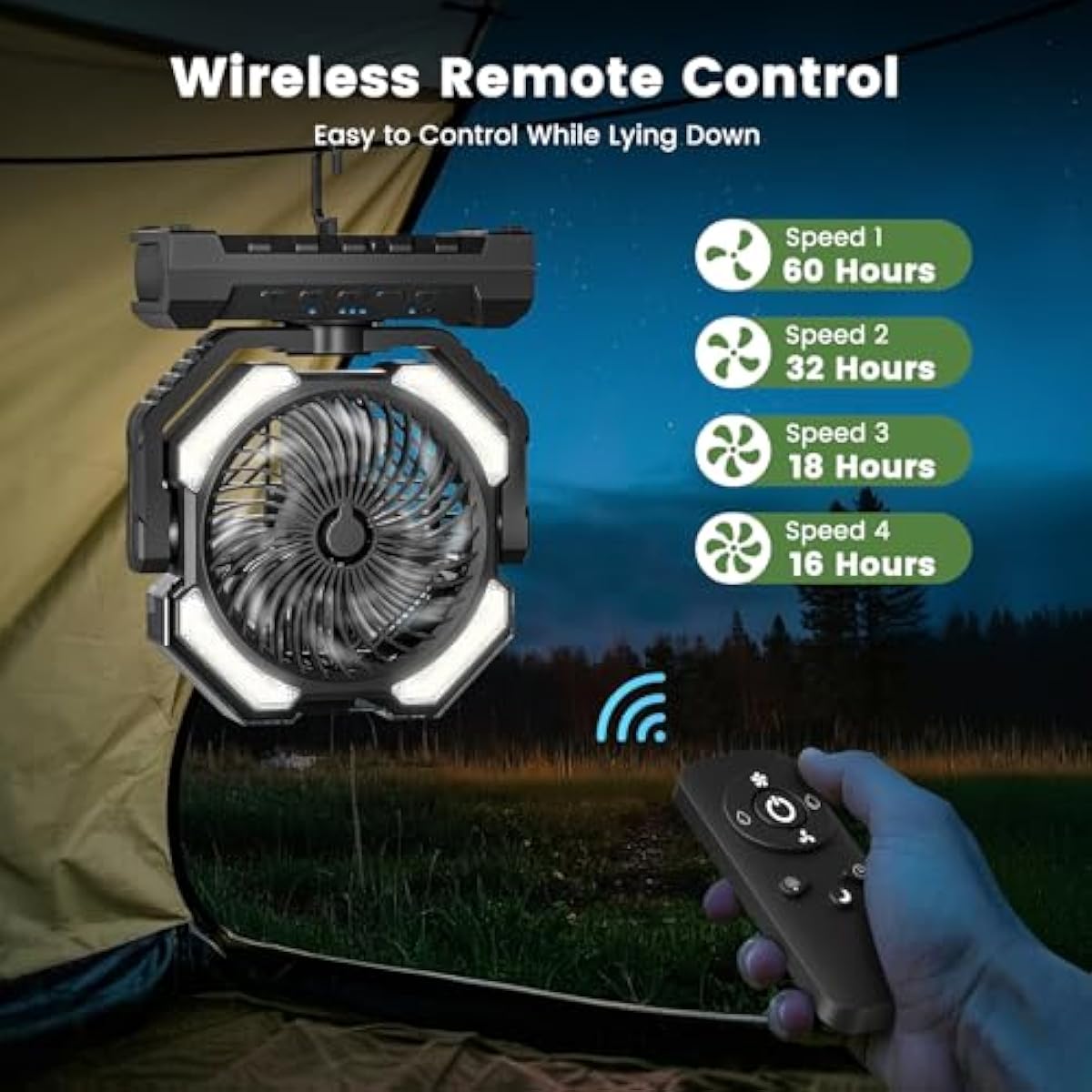 20000mAh Portable Misting Fan, USB Rechargeable Camping Fan with LED Light, Battery Operated for Outdoor, Tents, Beach, Travel - 250mL Water Tank & Hook Included, Black.