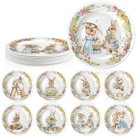 8 Pcs Easter Salad Plates Bunny Dishes 8" 10" Melamine Easter Dinnerware Sets Assorted Designs Ceramic-like Spring Rabbit Plates for Dinner Salad Dessert Birthday Party Supplies(10 Inch)