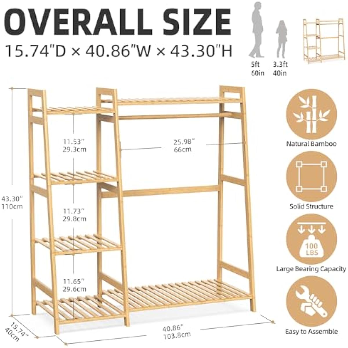 Kids Clothing Rack with Shelves, Bamboo Clothes Garment Rack for Kids Child Baby, Kids Dress Up Storage Rack with Top Shelf, Toddlers Wardrobe Closet for Nursery (Medium Size)
