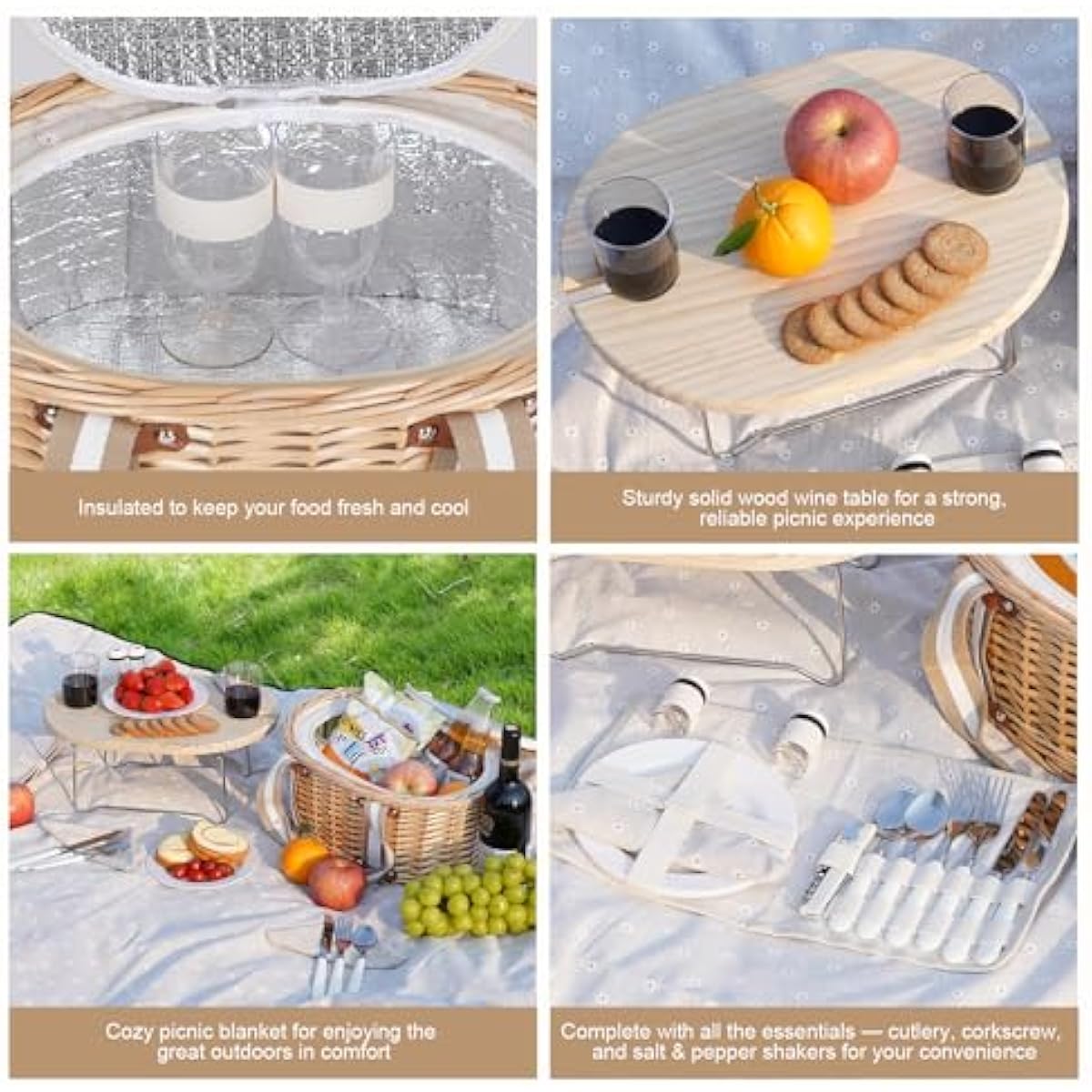 Picnic Basket Set for 2 - Wicker Insulated Picnic Basket with Waterproof Blanket, Folding Wine Picnic Table & Cutlery Kits, Picnic Baskets Kit for Camping, Outdoor, Valentine (White Flower)