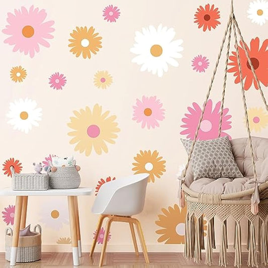 TaoBary 12 Sheet Daisy Wall Sticker Decal Removable Cute Daisy Bedroom Room Decor Flower Wall Sticker Pink White Flower Decal Wallpaper Peel and Stick for Nursery Home(Bright Color,Artsy Style)