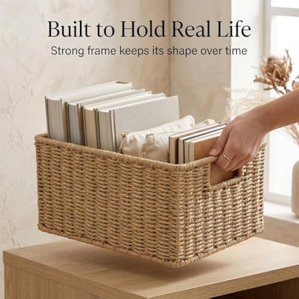 Wicker Storage Basket with Lid - Woven Storage Basket for Organizing,Rectangular Decorative Boxes Bins with Lids for Shelves, living room, Nursery, 2-Piece Set(Natural)