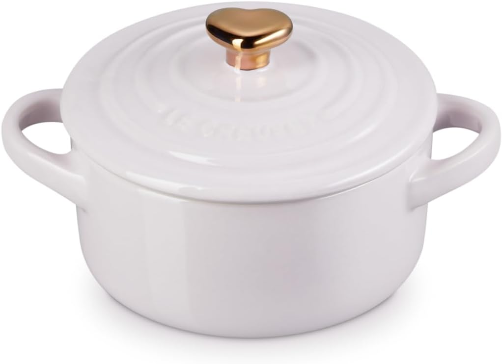 Le Creuset Stoneware Mini Round Cocotte, 8oz., Cerise with Gold Heart Knob