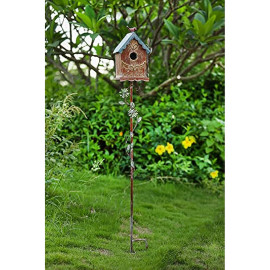 Baroque Cottage Bird House Stake for Outside with Pole, Distressed Metal Birdhouse Stand for Outdoor Garden,Purple