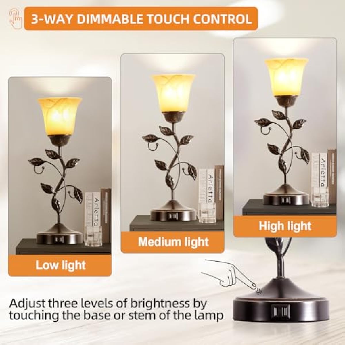 Touch Control Table Lamp with 2 USB Charging Ports, 3-Way Dimmable Bedside Nightstand Lamps, Amber Glass Shade Vintage Rural Leaf Lamp for Living Room, Bedroom, Dresser, LED Bulb Included (Bronze)