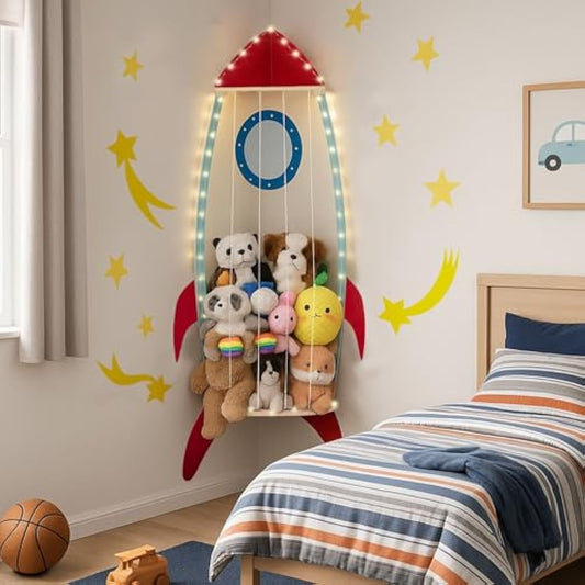 PUTSKA Nursery Furniture Hanging Organizer – Wall Mounted Stuffed Animal Storage for Baby Room, Corner Plush Collection Display & Nursery Organization System, Space-Saving Vertical Storage - Spaceship