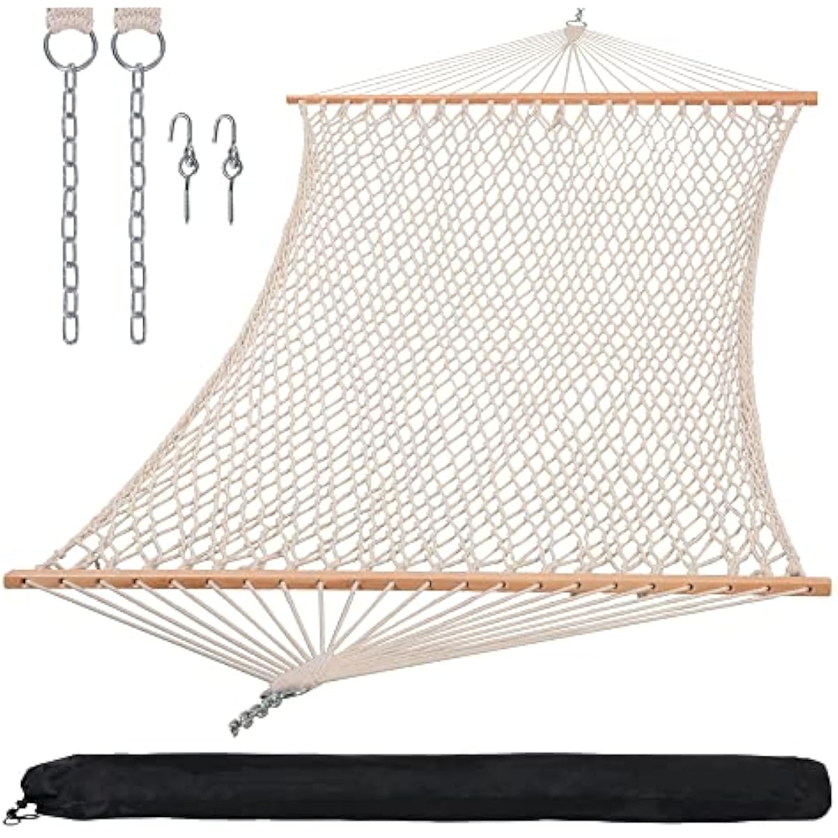 SUNCREAT Hammocks Traditional Rope Double Hammock with Hardwood Spreader Bar and Carrying Bag, 450 lbs Capacity, Natural